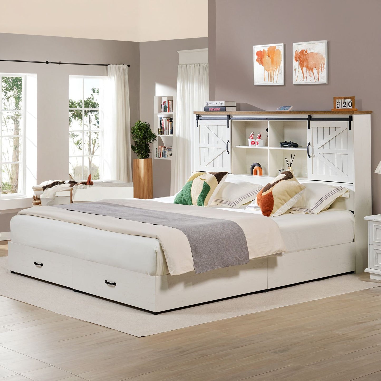 Farmhouse-Style Wooden Platform Bed Frame Boasting a 51.2" Bookcase Headboard, Integrated Storage with a Sliding Barn Door Charging Station and 2 Drawers - No Box Spring Required, Totally Noise-Free
