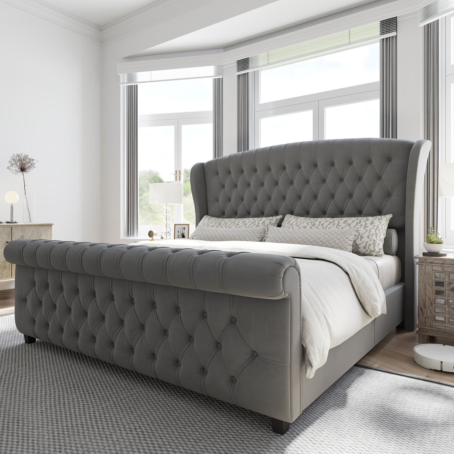 Platform Bed Frame, Chenille Upholstered Sleigh Bed with Scroll Wingback Headboard & Footboard/Button Tufted/No Box Spring Required/