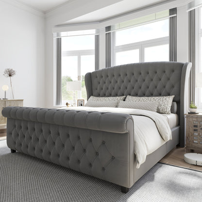 Platform Bed Frame, Chenille Upholstered Sleigh Bed with Scroll Wingback Headboard & Footboard/Button Tufted/No Box Spring Required/