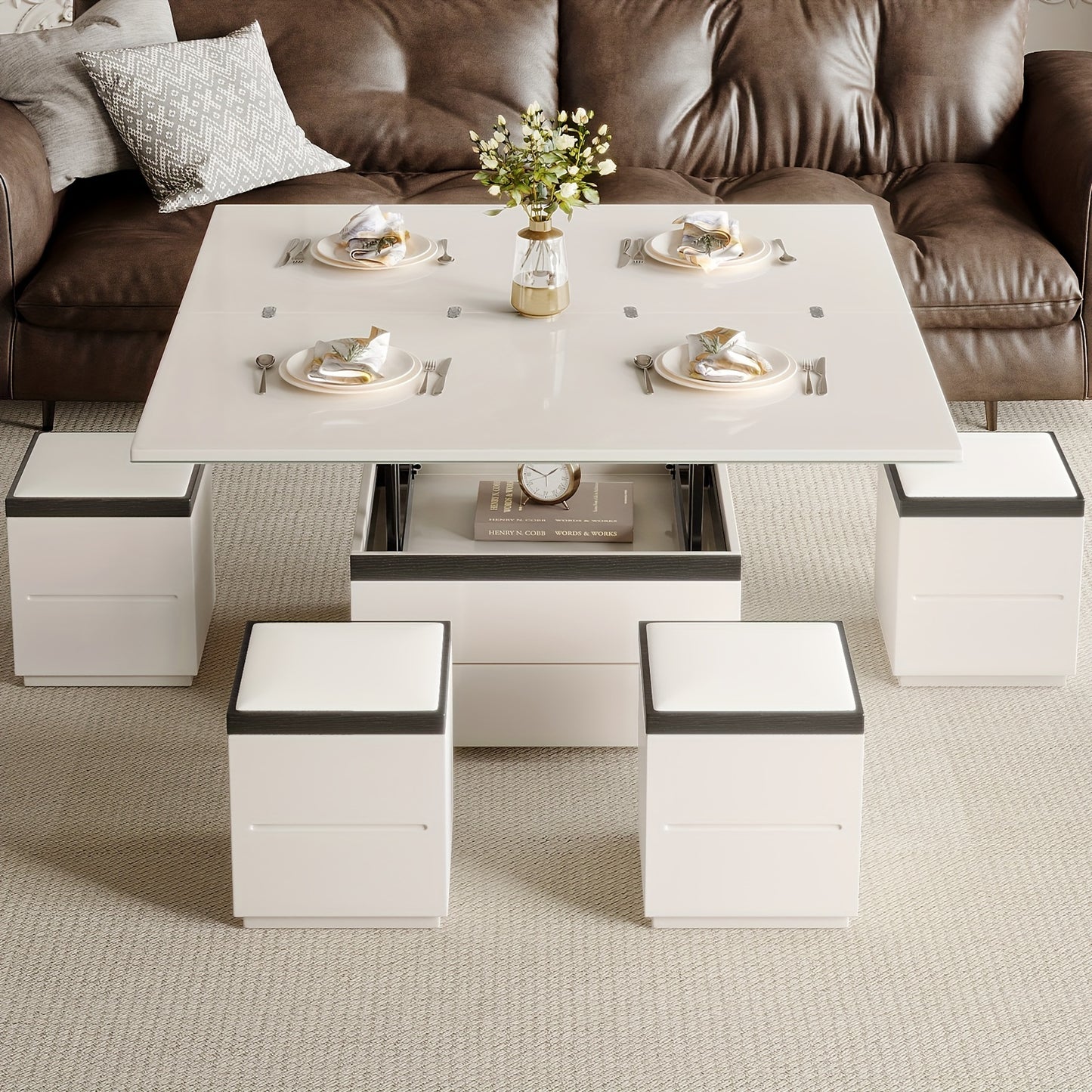 Extendable Coffee Table - 4 Storage Stools & Lift Top