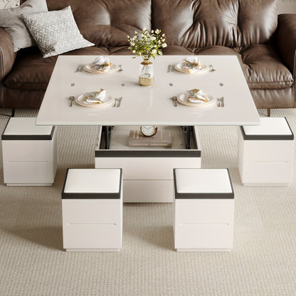 Extendable Coffee Table - 4 Storage Stools & Lift Top