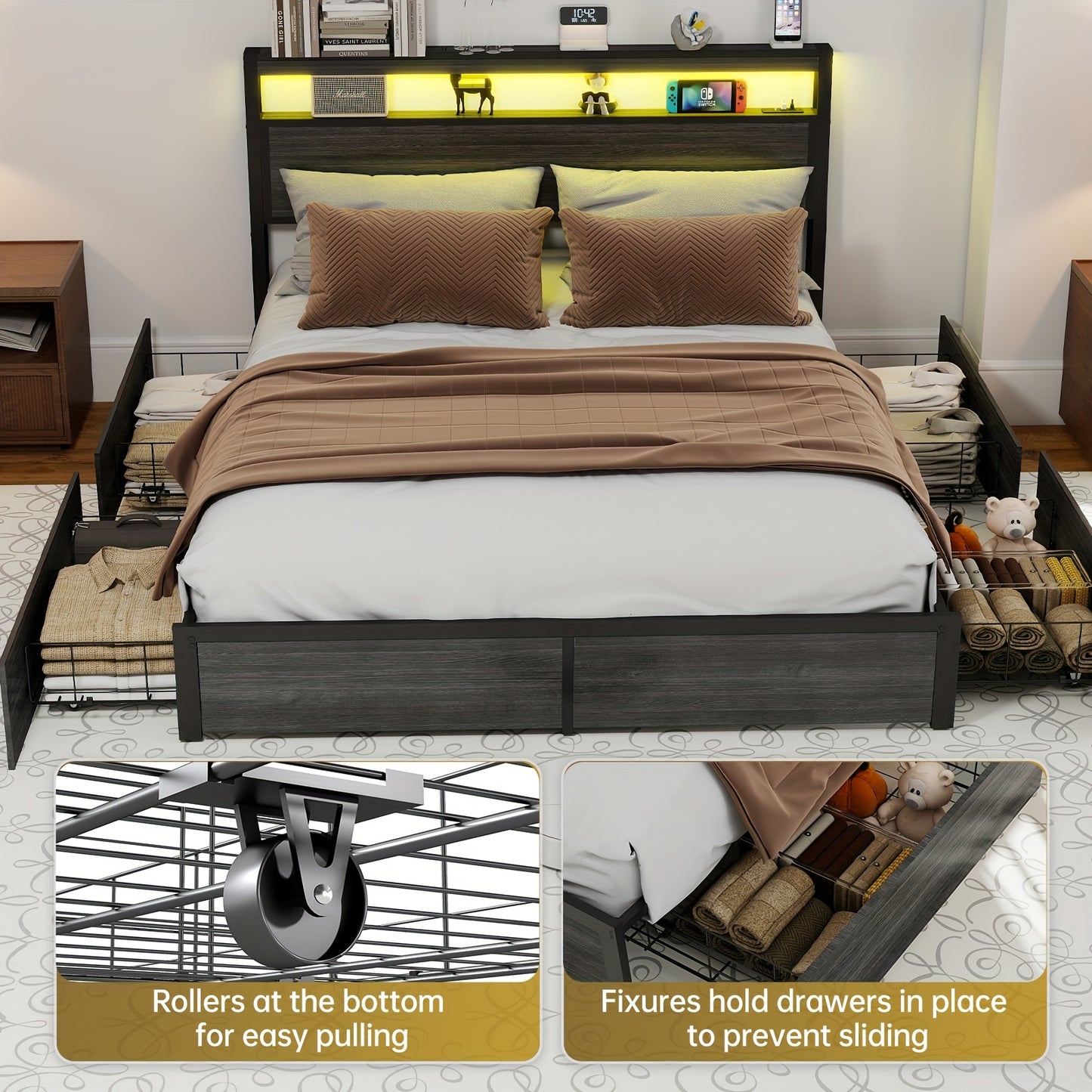 Bed Frame Available in Full, Queen, And King Sizes Featuring LED Lights And a Charging Station. This Metal Platform Bed Includes a Two-Tier Wooden Storage Headboard And Four Storage Drawers. It Operates Quietly, Does Not Requ
