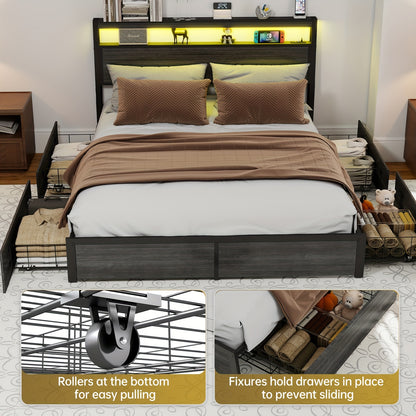 Bed Frame Available in Full, Queen, And King Sizes Featuring LED Lights And a Charging Station. This Metal Platform Bed Includes a Two-Tier Wooden Storage Headboard And Four Storage Drawers. It Operates Quietly, Does Not Requ