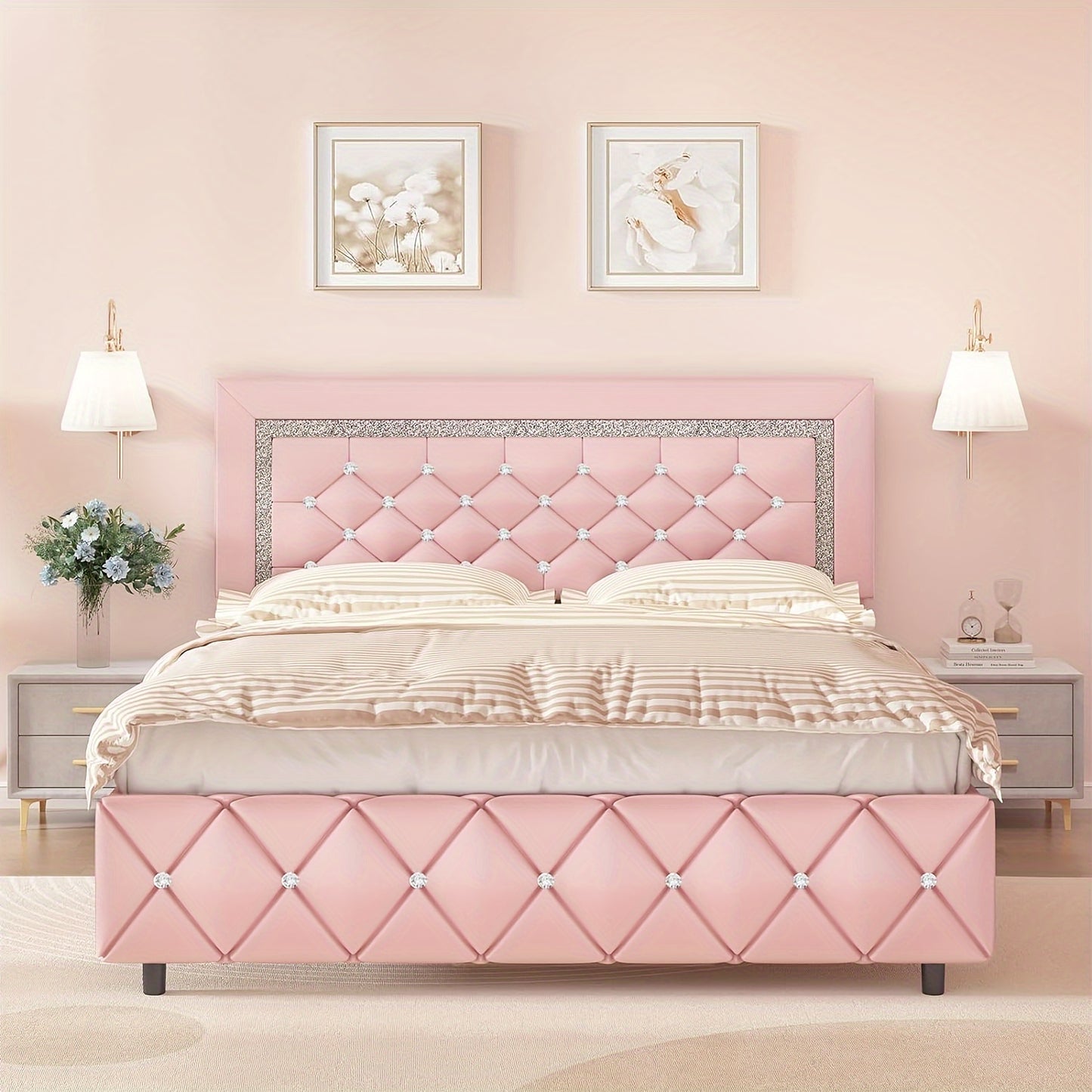 Full Size Bed Frame, Upholstered Bed Frame Full Size with Diamond Tufted Headboard, Faux Leather Headboard & Footboard, Wooden Slats Support, No Box Spring Needed, Easy Assembly, Pink