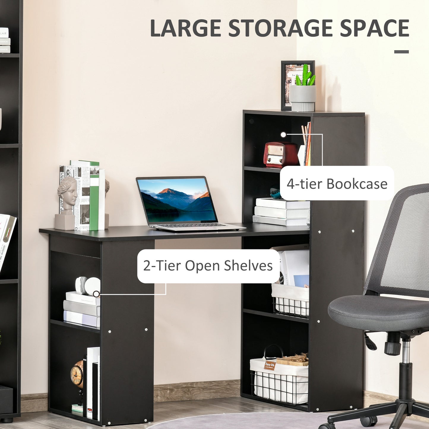 HOMCOM Modern Home Office Desk with 6-Tier Storage Shelves, 47" Writing Table with Bookshelf