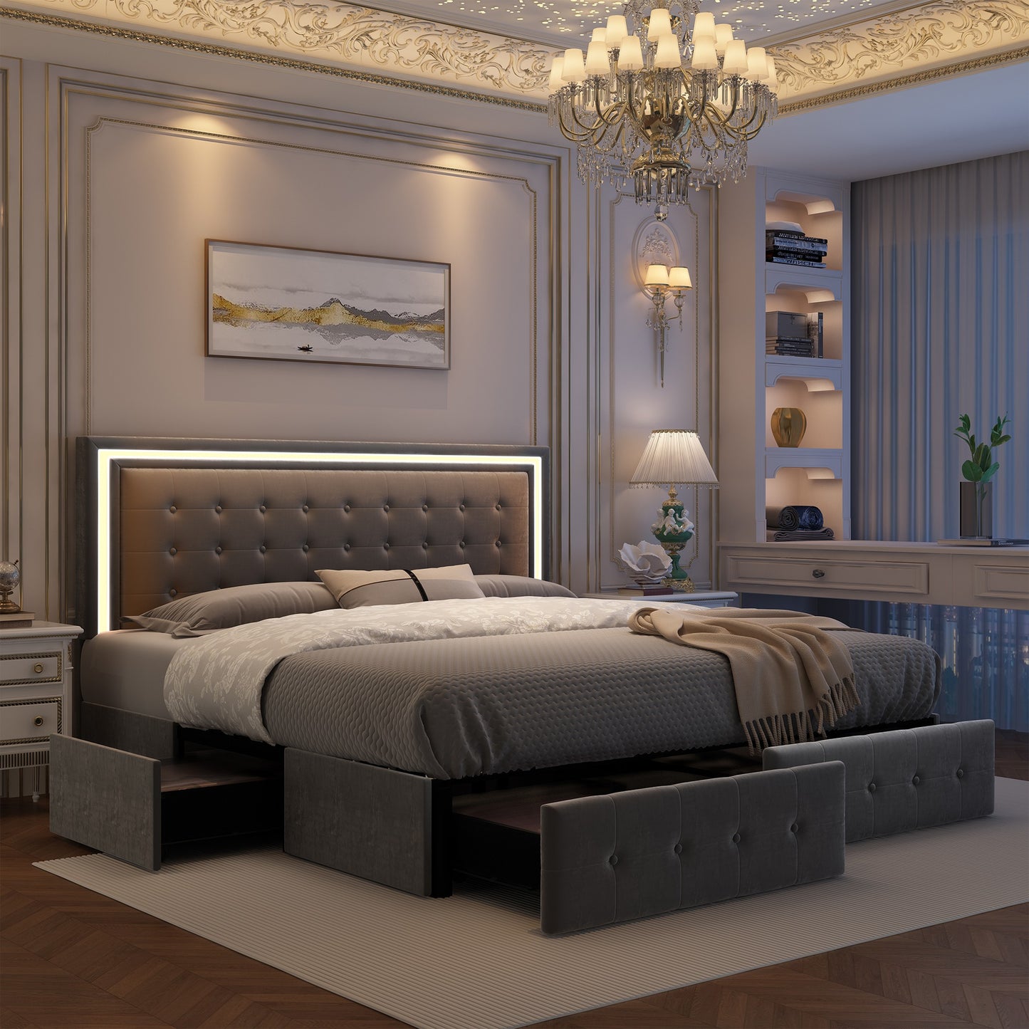 LED Queen Bed Frame - 4 Drawers & Adjustable Headboard