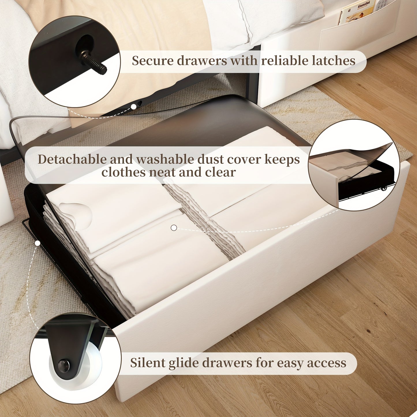 Sibeds Queen Size Upholstered LED Bed Frame With Storage Drawers, King Size Platform Storage Full Bed With Crystal Button Tufted Headboard And Solid Slats Support, Noise Free, No Box Spring Needed, PU Luxury Beds Girls Men's