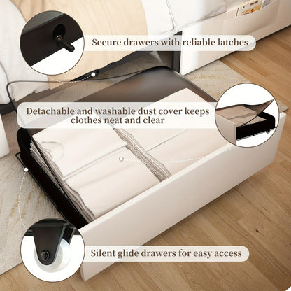 Sibeds Queen Size Upholstered LED Bed Frame With Storage Drawers, King Size Platform Storage Full Bed With Crystal Button Tufted Headboard And Solid Slats Support, Noise Free, No Box Spring Needed, PU Luxury Beds Girls Men's