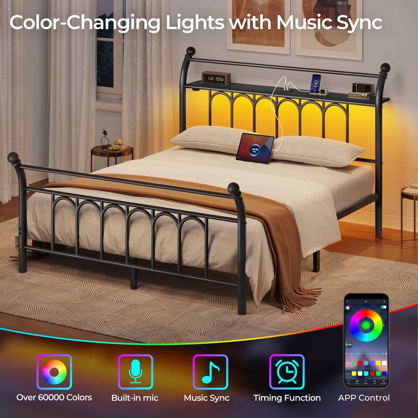 Classic Metal Platform Bed Frame with Victorian Style Iron-Art Headboard/Footboard/Under Bed Storage/No Box Spring Needed