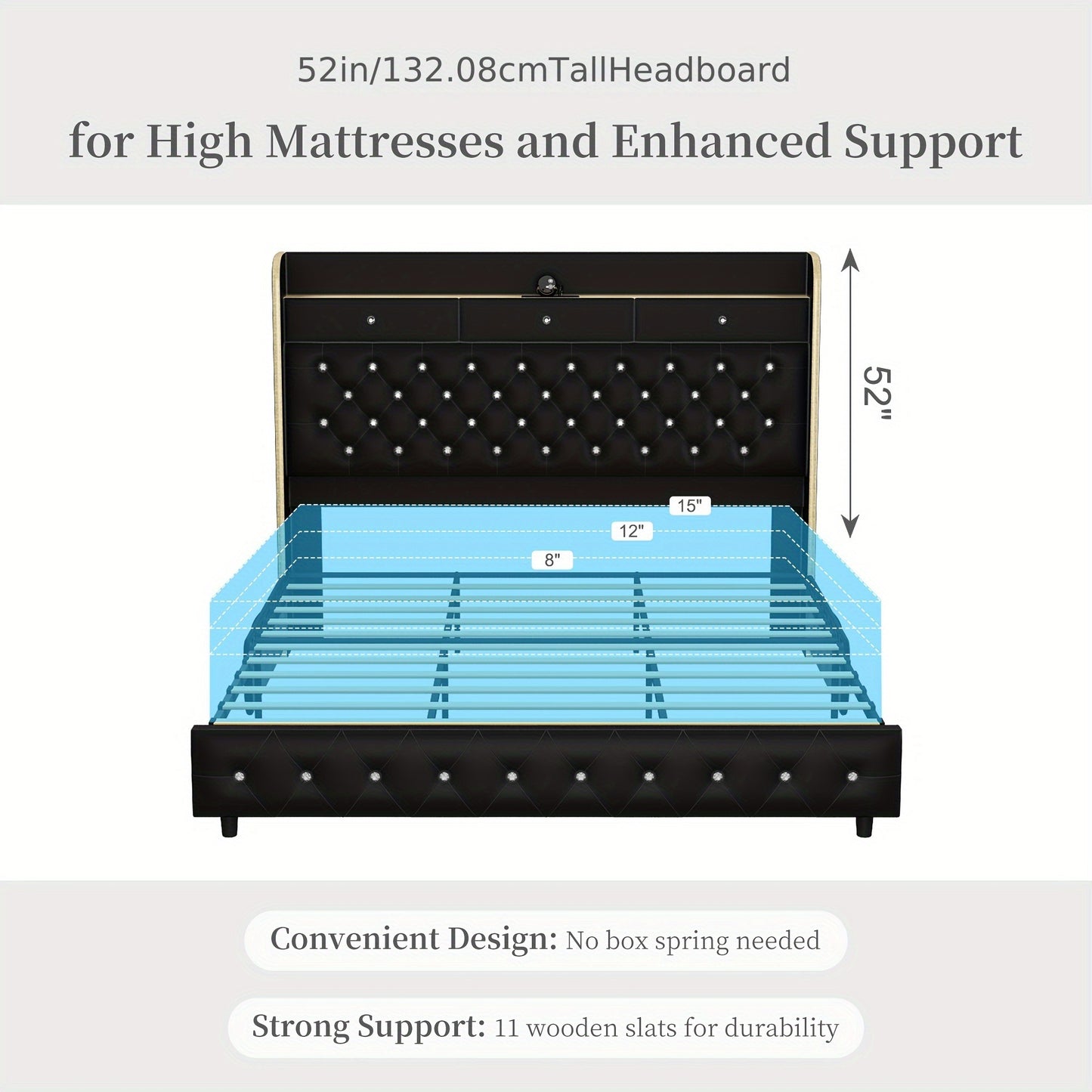 SIBEDS Luxury Queen Bed Frame with Galaxy Aurora Star Projector, USB Charging Station & 2 Storage Drawers - Full Size Platform with Crystal Button Tufted Headboard, Noise-Free Faux Leather, Hardwood Construction