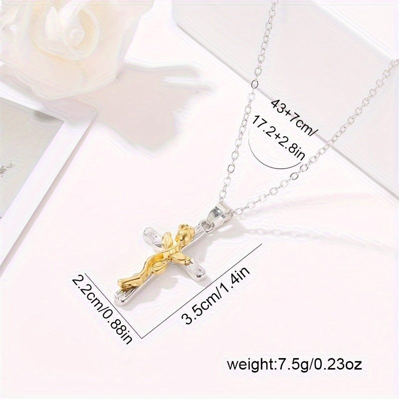 1pc Retro Cross With Rose Flower Pendant Necklace, Three Colors Options