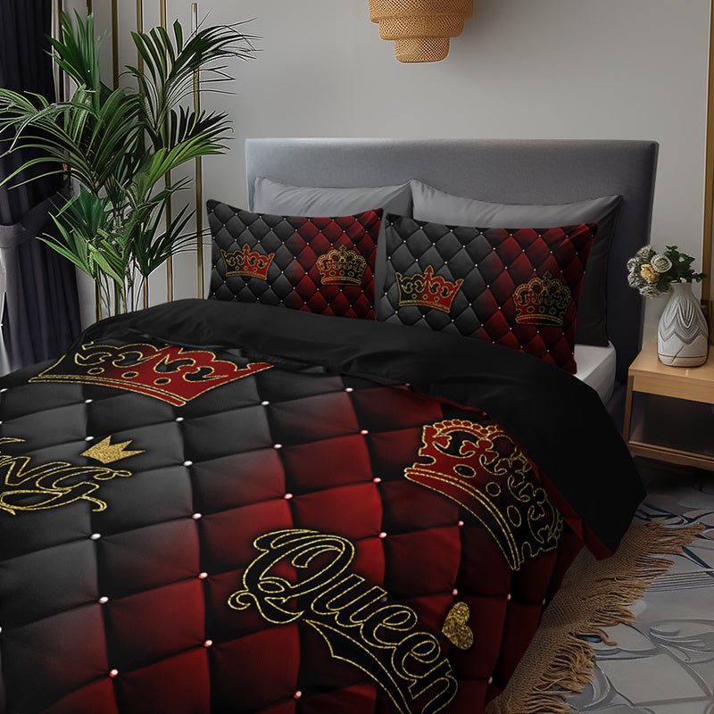 2/3pcs King and Queen Luxury Dark Red and Golden Crown Duvet Cover Set, 1 Duvet Cover + 1/2 Pillowcases (No Insert), All-Season Home and Dormitory High-Definition Print