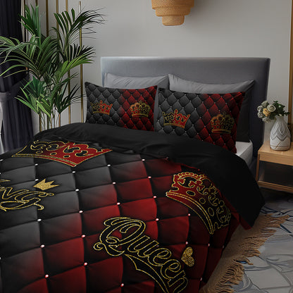 2/3pcs King and Queen Luxury Dark Red and Golden Crown Duvet Cover Set, 1 Duvet Cover + 1/2 Pillowcases (No Insert), All-Season Home and Dormitory High-Definition Print