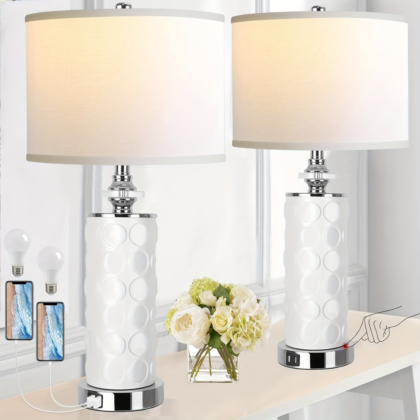 QiMH Modern Ceramic Tall Table Lamp for Bedroom, Living Room, Set of 2, 3-Direction Dimmable Touch Control Bedside Lamp with Dual USB Ports for Nightstand, 27'' White