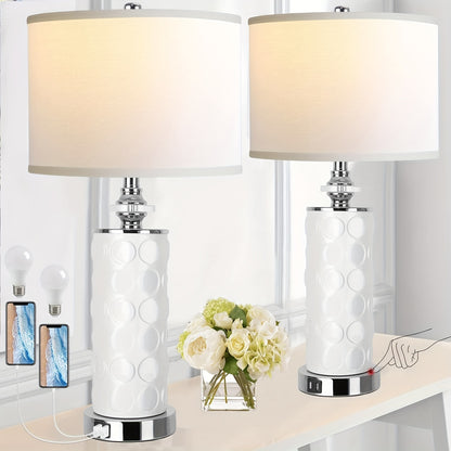 QiMH Modern Ceramic Tall Table Lamp for Bedroom, Living Room, Set of 2, 3-Direction Dimmable Touch Control Bedside Lamp with Dual USB Ports for Nightstand, 27'' White