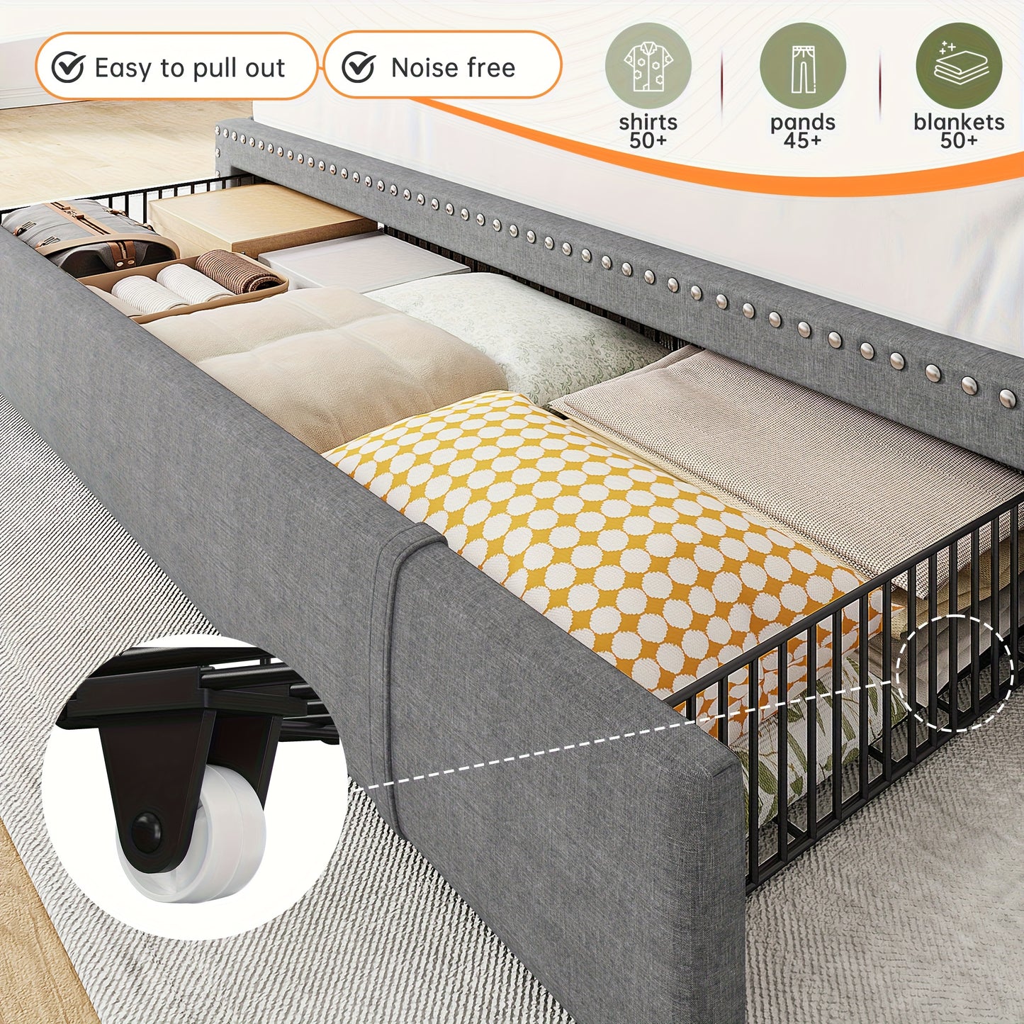 ENHOMEE King Size Upholstered Storage Bed with 3 Drawers & 2-Tier Nightstand Shelves - Modern Platform Bed Frame, Quick Assembly, Metal Frame, Contemporary Style