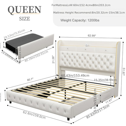 SIBEDS Luxury Queen Bed Frame with Galaxy Aurora Star Projector, USB Charging Station & 2 Storage Drawers - Full Size Platform with Crystal Button Tufted Headboard, Noise-Free Faux Leather, Hardwood Construction