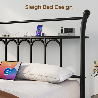 Classic Metal Platform Bed Frame with Victorian Style Iron-Art Headboard/Footboard/Under Bed Storage/No Box Spring Needed