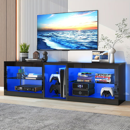 LED TV Stands W/60, 000-Colors Lights&6.5ft Power Outlet For 55 60 65 70inch TV, Modern High Gloss LED Black Entertainment Center W/Adjustable Shelves For Living Room Gameroom/Bedroom