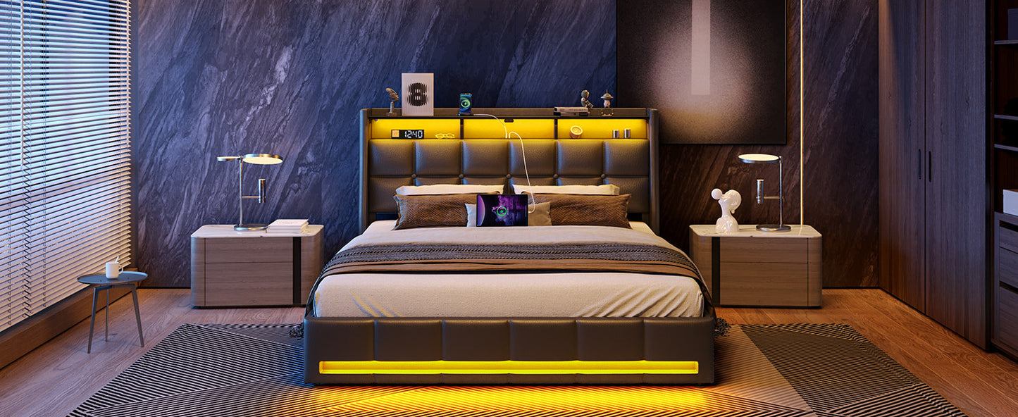 Twin Full Queen Bed Frame with LED Lighting, Built-in Charging Station, have RemotePU Leather/neutral-toned linen fabric Storage Headboard & Drawers,Heavy Duty Wood Slats, Quick & Easy Assembly - Perfect for Bedroom Furniture