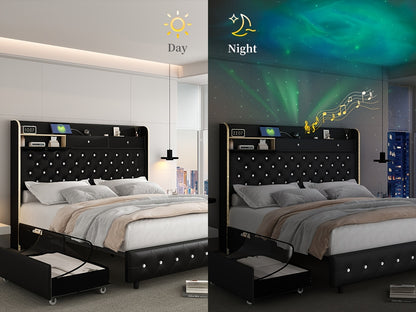 Queen Led Bed Frame With Galaxy Aurora Star Projector, Full Size Platform Bed With 2 Removable Storage Drawers, 52" Crystal Button Tufted Upholstered Headboard King Bed With Charging Station, Noise Free, No Box Spring Needed,