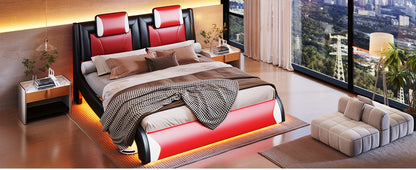 Modern Elegance Meets Functionality: PaPaJet Full Floating Bed Frame With Built-in LED Lights, Faux Leather Upholstery, & Wave-Shaped Curves, No Box Spring Required