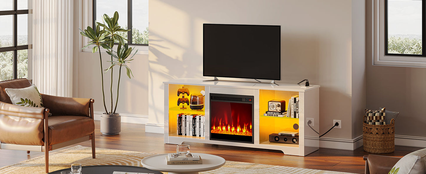Fireplace TV Stand with Led Lights and Power Outlets, TV Stand for 45 50 55 60 65 inch TVs, Entertainment Center with Electric Fireplace, Modern TV Console with Glass Shelves
