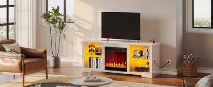 Fireplace TV Stand with Led Lights and Power Outlets, TV Stand for 45 50 55 60 65 inch TVs, Entertainment Center with Electric Fireplace, Modern TV Console with Glass Shelves