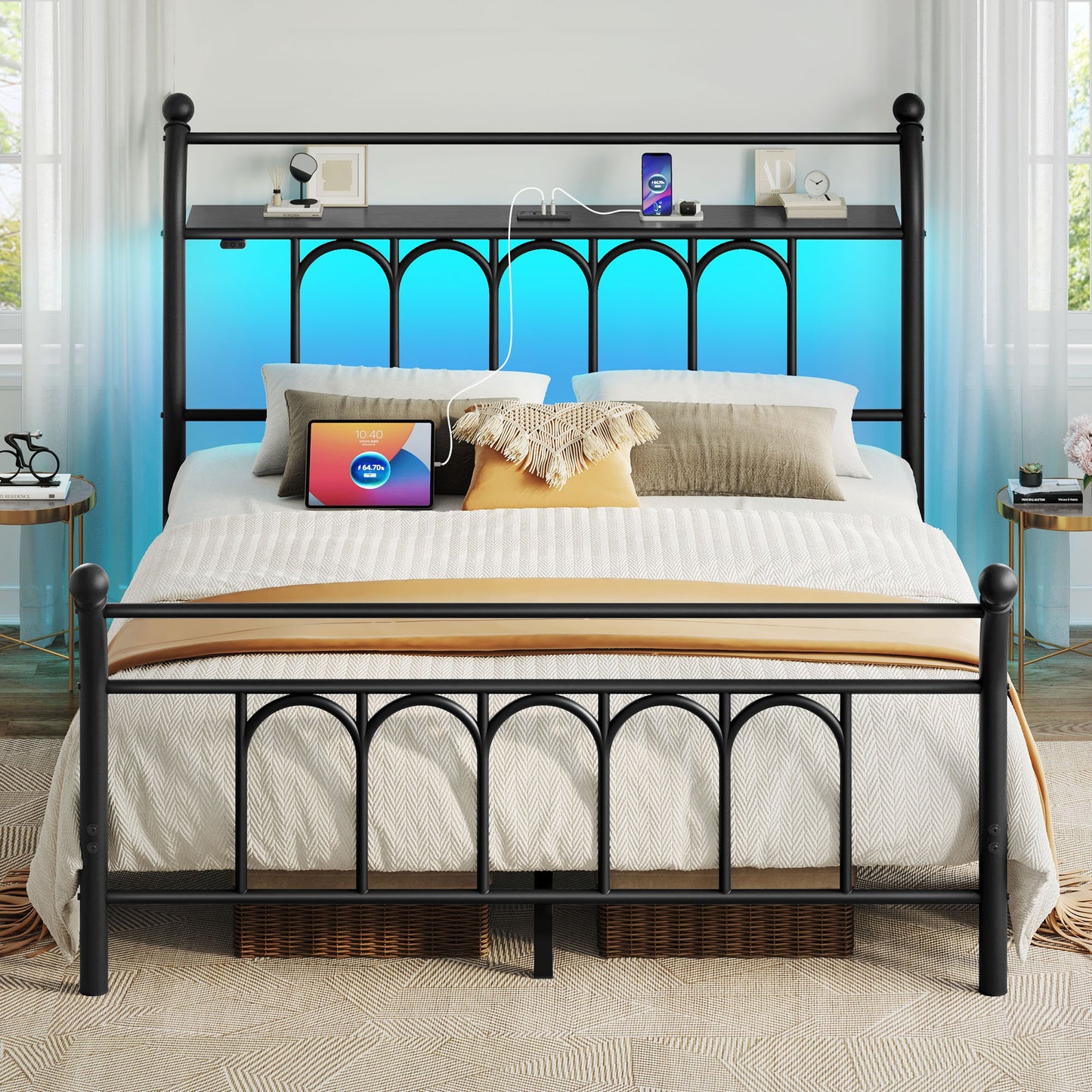Classic Metal Platform Bed Frame with Victorian Style Iron-Art Headboard/Footboard/Under Bed Storage/No Box Spring Needed