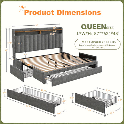 ENHOMEE King Size Upholstered Storage Bed with 3 Drawers & 2-Tier Nightstand Shelves - Modern Platform Bed Frame, Quick Assembly, Metal Frame, Contemporary Style