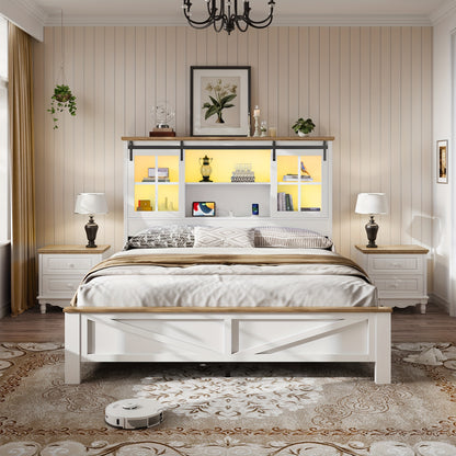 Farmhouse Queen Size Bed Frame with Bookcase Headboard Platform Bed Frames with LED Lights & Charging Station, Queen Storage Bed with Sliding Barn Door, Noiseless, White