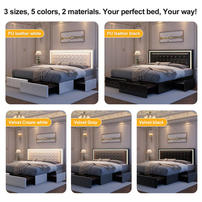 LED Queen Bed Frame - 4 Drawers & Adjustable Headboard