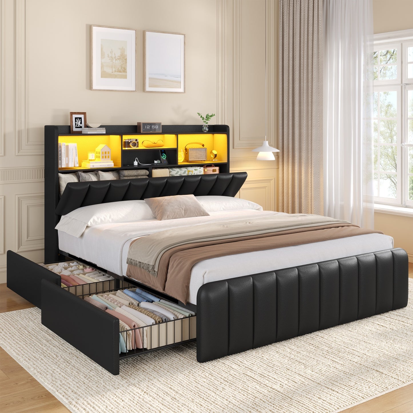 Queen Size Storage Bed Frame with LED Lights and Charging Station | Modern Upholstered Bed, Faux Leather, Bookcase Headboard, Drawers, Metal Slats, No Box Spring Needed, Black