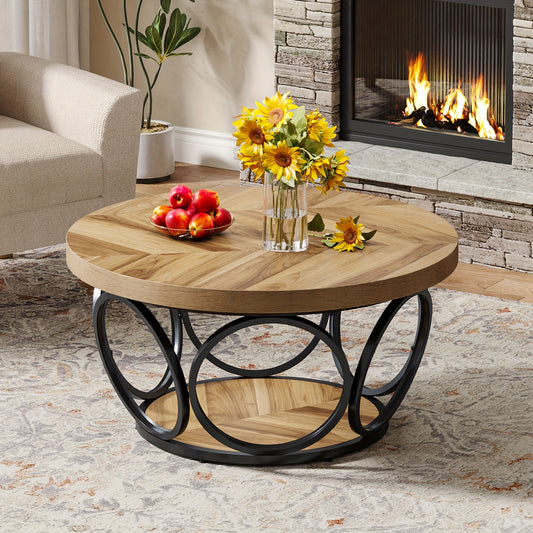 31.5" Round Coffee Table - Farmhouse 2-Tier Storage