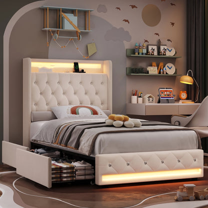 FULTRU Bed Frame with Outlets and USB Ports, Headboard & Footboard with LED, 4 Storage Drawers Modern Wingback Crystal Button Tufted Velvet Upholstered Platform Bed Frame