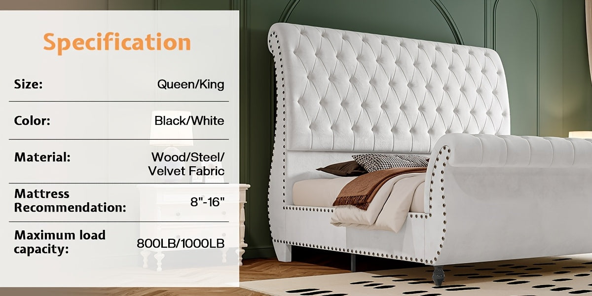 Elegant Velvet Sleigh Bed with Scrolled Headboard & Footboard - Button-Tufted, No Box Spring Needed