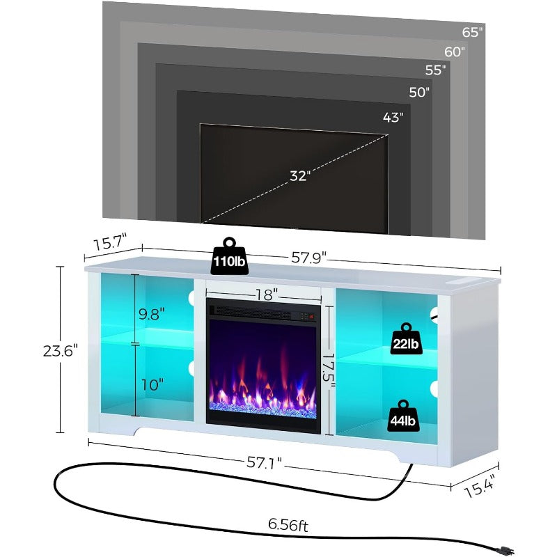 Fireplace TV Stand with Led Lights and Power Outlets, TV Stand for 45 50 55 60 65 inch TVs, Entertainment Center with Electric Fireplace, Modern TV Console with Glass Shelves