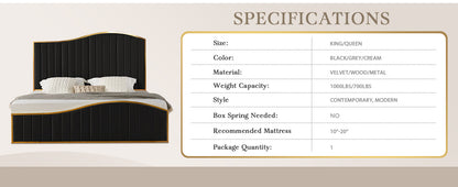 Velvet Bed Frame, 61.4" High Headboard Platform Bed Velvet Upholstered with Gold Trim & Footboard, Black