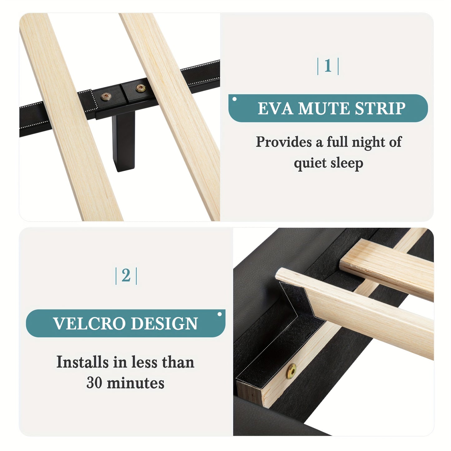 HOOMIC Modern Faux Leather Bed Frame With Iron Pieces Decor, Low Profile Platform Bed With Height-Adjustable Headboard, Solid Wood Slat Support, No Box Spring Needed