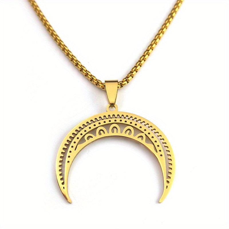 Elegant Golden-Toned Stainless Steel Crescent Moon Pendant Necklace with Intricate Patterns - Gothic/Vintage Style, Perfect for Casual Attire