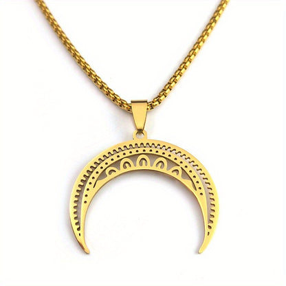 Elegant Golden-Toned Stainless Steel Crescent Moon Pendant Necklace with Intricate Patterns - Gothic/Vintage Style, Perfect for Casual Attire