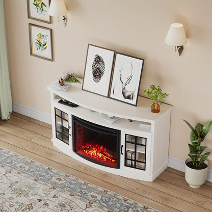 59-Inch Curved Fireplace TV Stand: Farmhouse Style Entertainment Center with 26'' Electric Fireplace, Glass Door Storage Cabinet, and Open Shelves, Fits TVs up to 65"