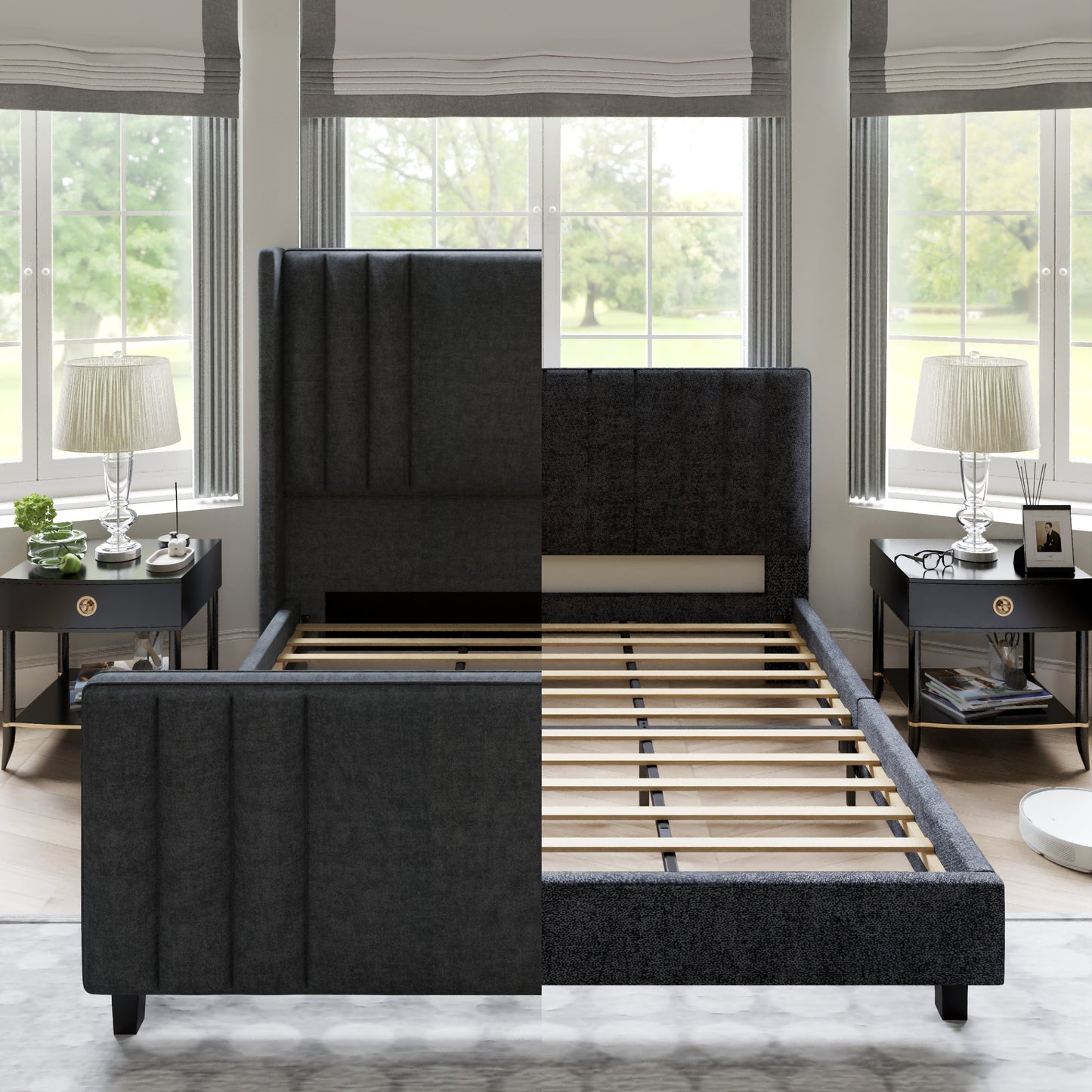 King Velvet Upholstered Platform Bed Frame with Vertical Channel Tufted Headboard and Footboard/Wingback, Mattress Foundation with Wood Slats Black