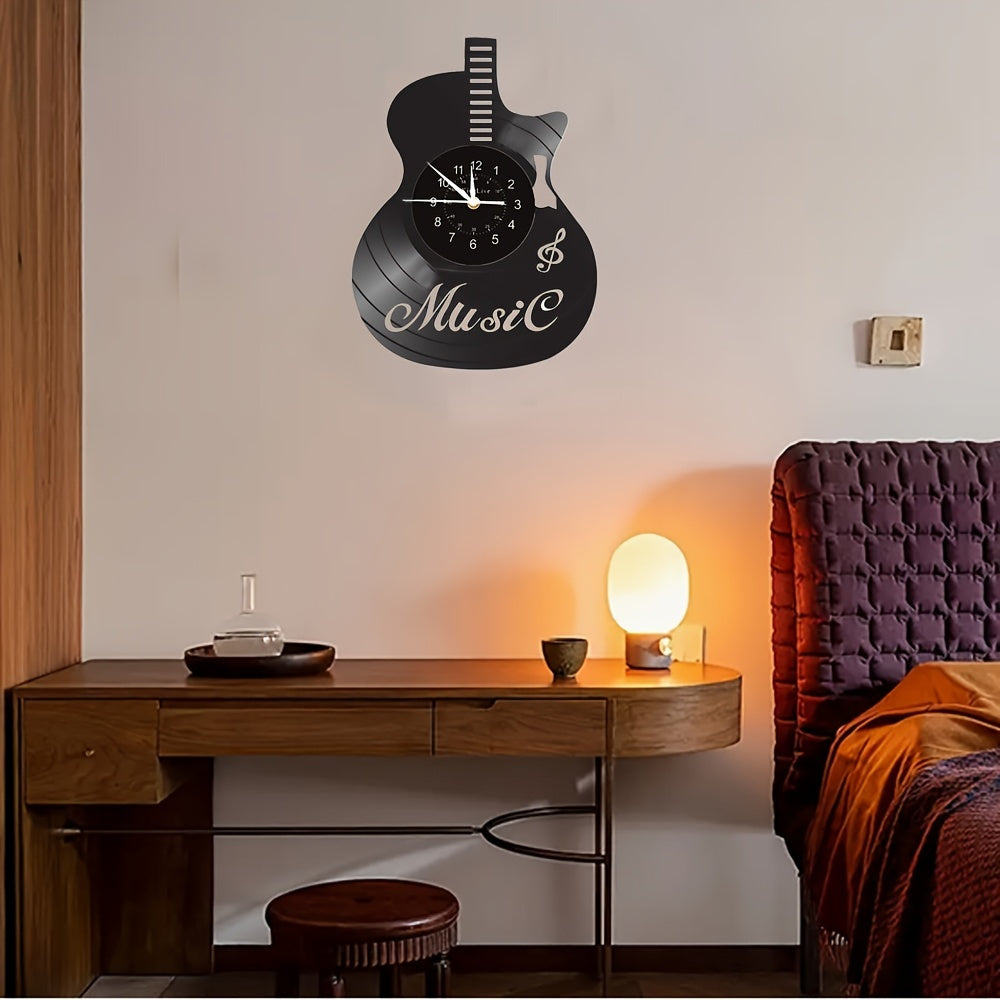 [Unique Vinyl Record Wall Clock] Unique Vinyl Record LED Wall Clock - Guitar-Shaped, Musical Theme, Irregular Shape, Flat Crown, Digital Display, Battery Operated (AA Not Included) - Ideal for Living Room, Bedroom, Office, Mu