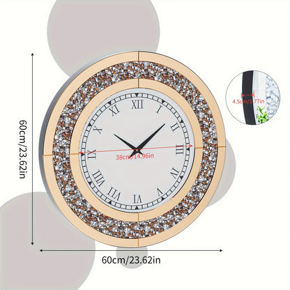 Decorative Wall Clock Round Mirror Clock with Crystal Crushed Diamond Mirrored Sparkle Bling Wall Clock for Glam Room Living Room, Bedroom Decor