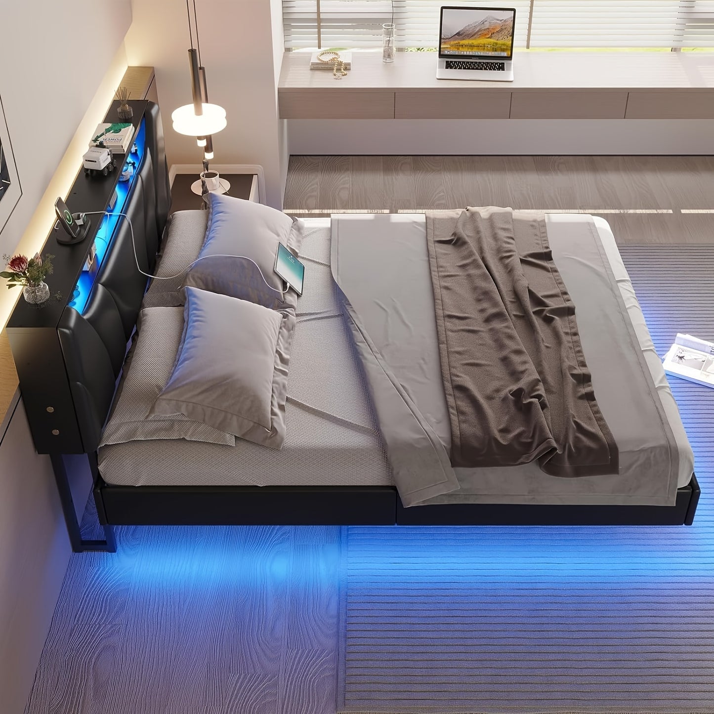 Full Size LED Bed Frame with Charging Station, Floating Bed with Storage Headboard and Open Shelf for Bedroom, Black