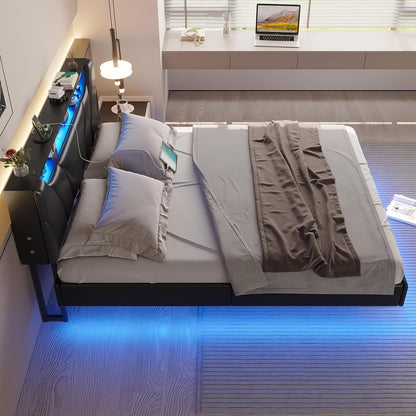 Full Size LED Bed Frame with Charging Station, Floating Bed with Storage Headboard and Open Shelf for Bedroom, Black