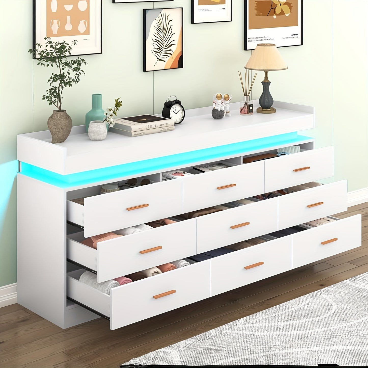 9 Drawer Dresser With LED Light, Modern Chest Of Drawers For Closet, Wide Drawer Organizer Cabinet For Bedroom, Living Room, Entryway, Hallway (9 Drawer White) Black