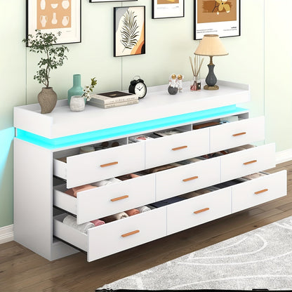 9 Drawer Dresser With LED Light, Modern Chest Of Drawers For Closet, Wide Drawer Organizer Cabinet For Bedroom, Living Room, Entryway, Hallway (9 Drawer White) Black