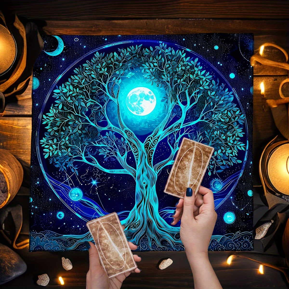 1pc Blue Tree Of Life Moon Starry Sky Tarot Cards Tablecloth Altar Cloth Green Life Tree Tarot Tablecloth For Spread Tarot Reading Cloth Witchcraft Oracle Cards Pads Game Mat Wall Decoration